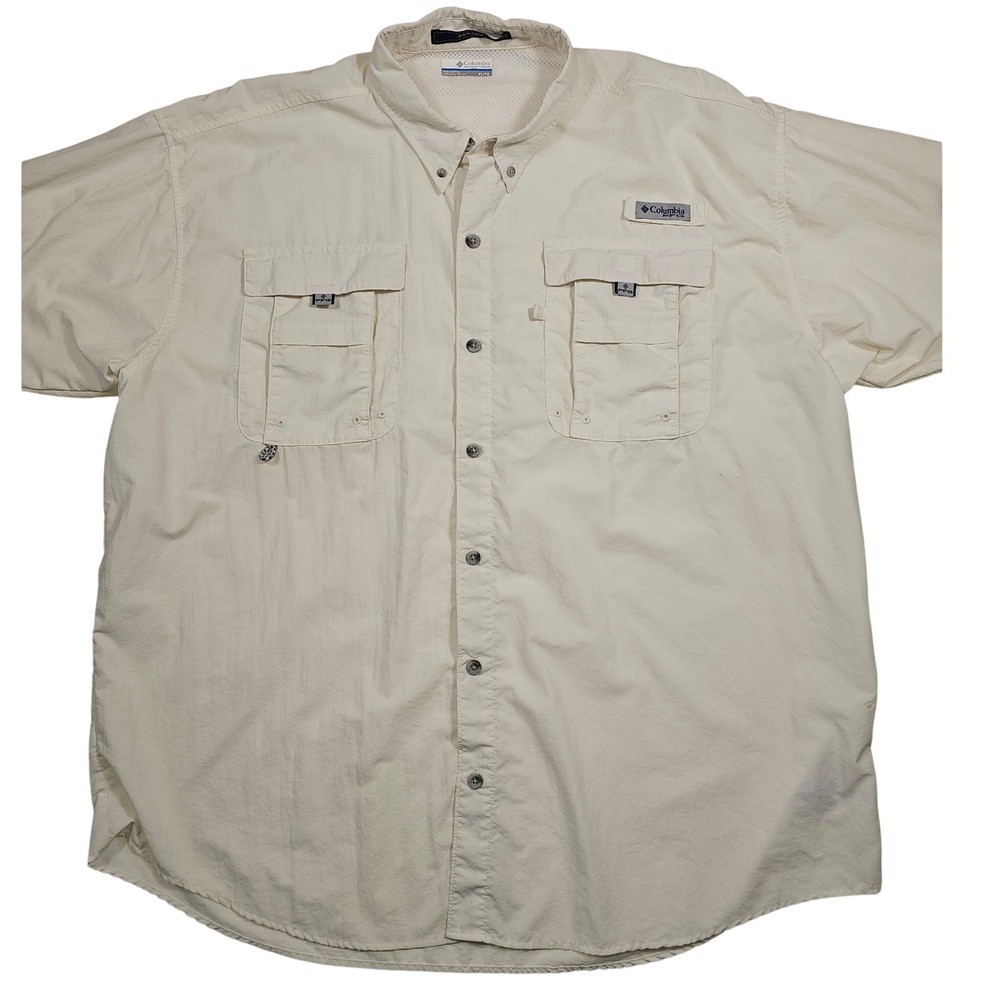 Columbia PFG Bahama II Fishing Shirt Mens XL Short Sleeve Cream Tan FM7047